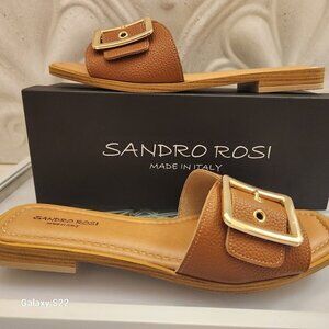 Sandro Women's Tan Leather Slide Sandals with Gold Buckle